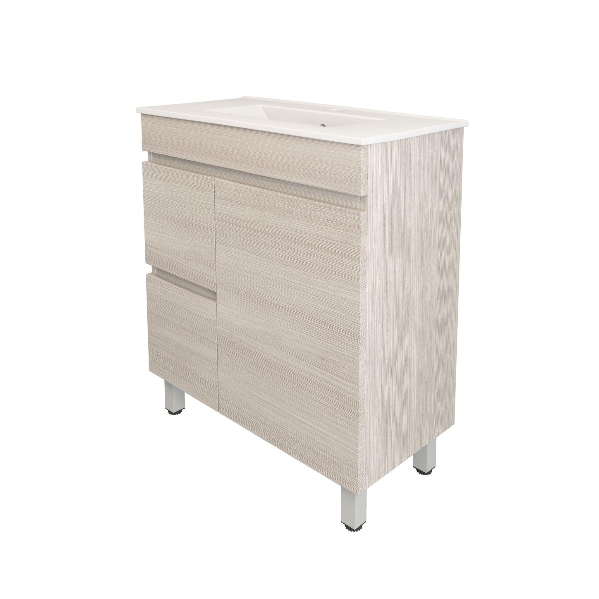 LUKKA CAMDEN ENSUITE COASTAL OAK 750MM SPACE SAVING SINGLE BOWL FLOOR STANDING VANITY (AVAILABLE IN LEFT AND RIGHT HAND DRAWER)