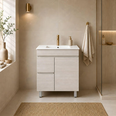 LUKKA CAMDEN ENSUITE COASTAL OAK 750MM SPACE SAVING SINGLE BOWL FLOOR STANDING VANITY (AVAILABLE IN LEFT AND RIGHT HAND DRAWER)