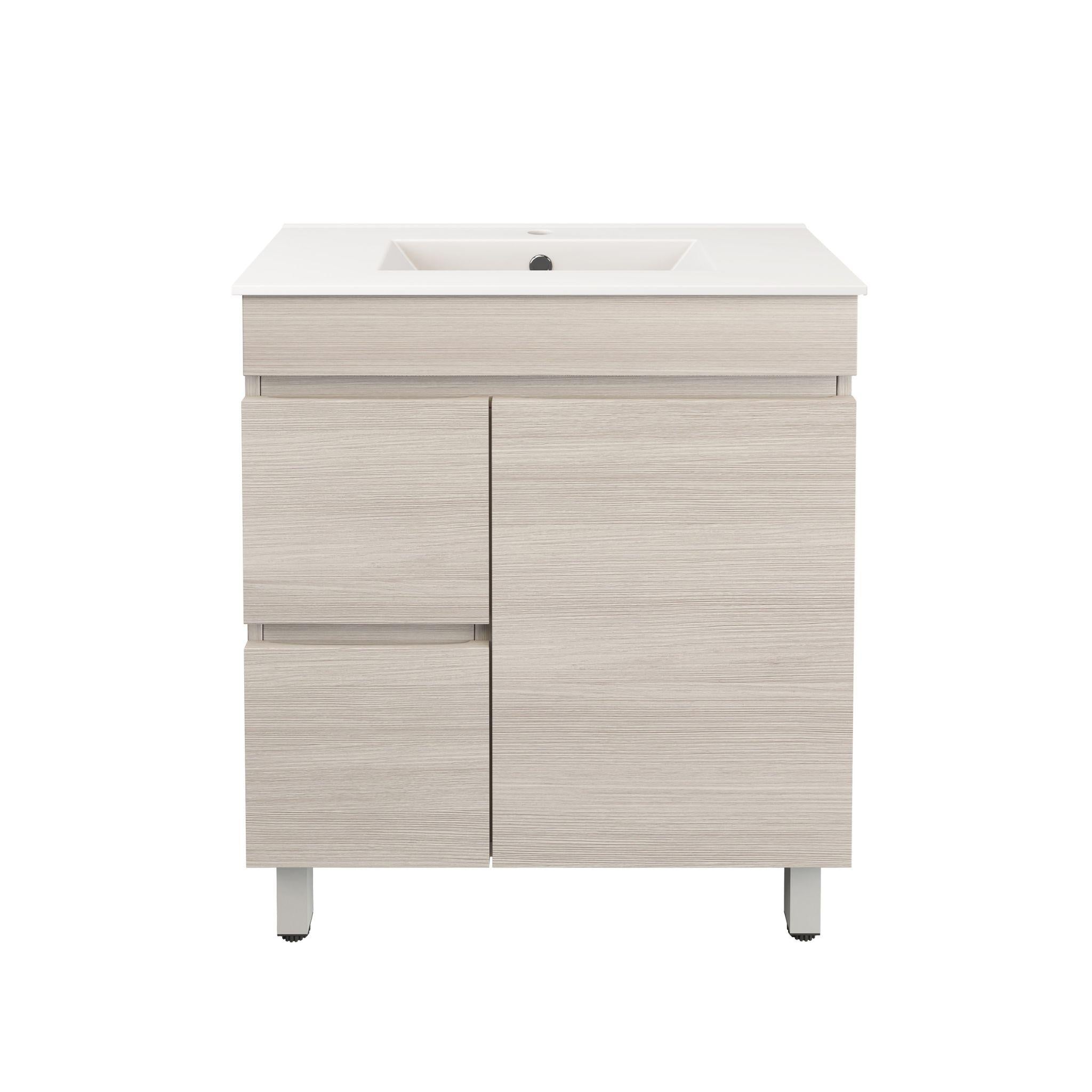 LUKKA CAMDEN ENSUITE COASTAL OAK 750MM SPACE SAVING SINGLE BOWL FLOOR STANDING VANITY (AVAILABLE IN LEFT AND RIGHT HAND DRAWER)