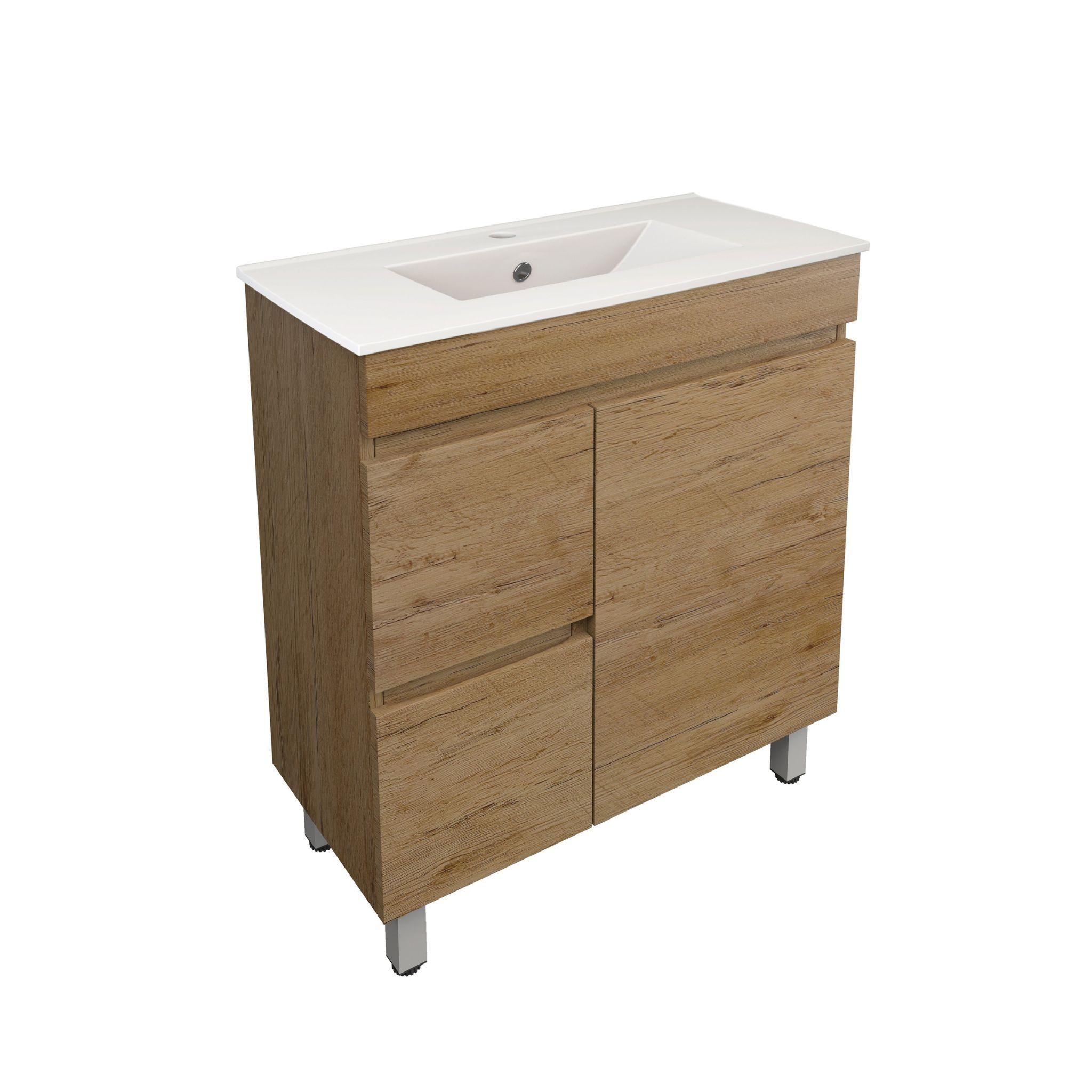 LUKKA CAMDEN ENSUITE PRIME OAK 750MM SPACE SAVING SINGLE BOWL FLOOR STANDING VANITY (AVAILABLE IN LEFT AND RIGHT HAND DRAWER)