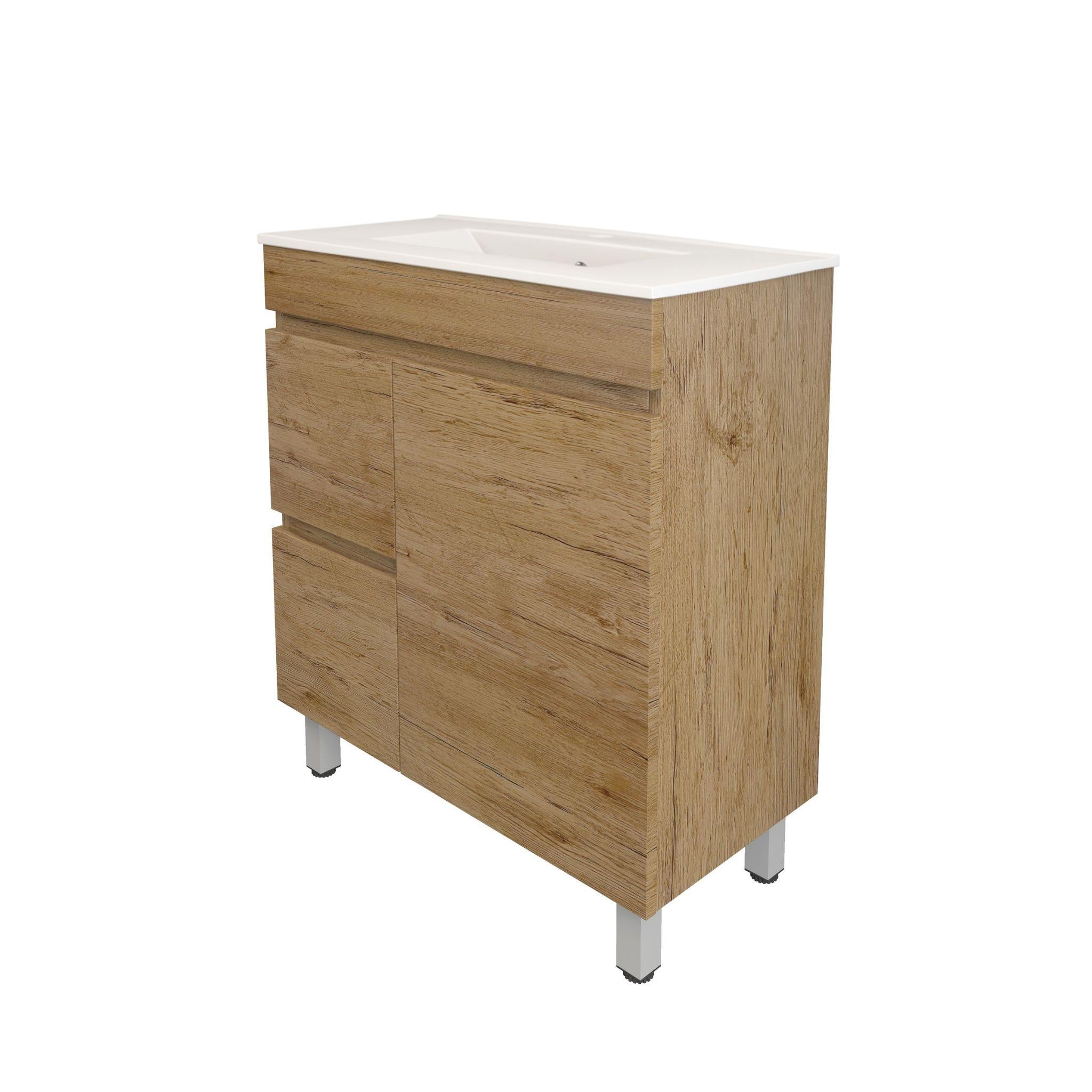 LUKKA CAMDEN ENSUITE PRIME OAK 750MM SPACE SAVING SINGLE BOWL FLOOR STANDING VANITY (AVAILABLE IN LEFT AND RIGHT HAND DRAWER)