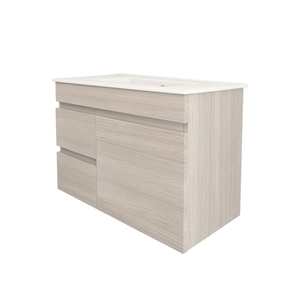 LUKKA CAMDEN ENSUITE COASTAL OAK 750MM SPACE SAVING SINGLE BOWL WALL HUNG VANITY (AVAILABLE IN LEFT AND RIGHT HAND DRAWER)