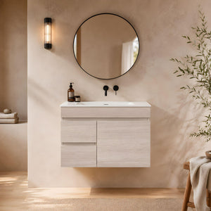 LUKKA CAMDEN ENSUITE COASTAL OAK 750MM SPACE SAVING SINGLE BOWL WALL HUNG VANITY (AVAILABLE IN LEFT AND RIGHT HAND DRAWER)