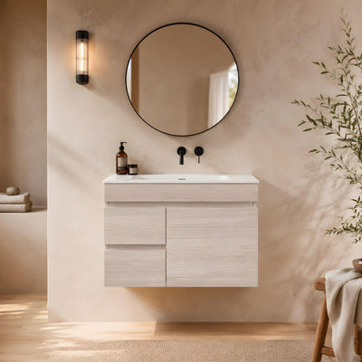 LUKKA CAMDEN ENSUITE COASTAL OAK 750MM SPACE SAVING SINGLE BOWL WALL HUNG VANITY (AVAILABLE IN LEFT AND RIGHT HAND DRAWER)