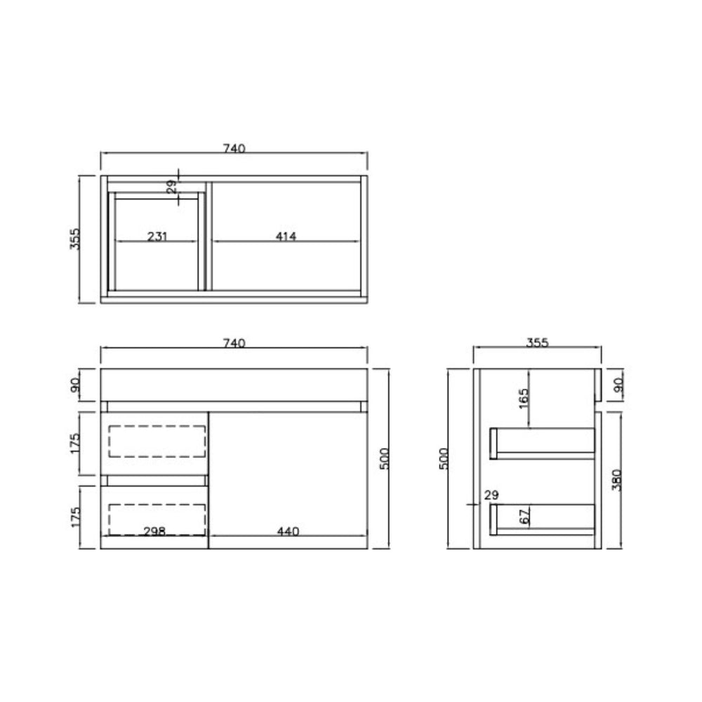 LUKKA CAMDEN ENSUITE COASTAL OAK 750MM SPACE SAVING SINGLE BOWL WALL HUNG VANITY (AVAILABLE IN LEFT AND RIGHT HAND DRAWER)