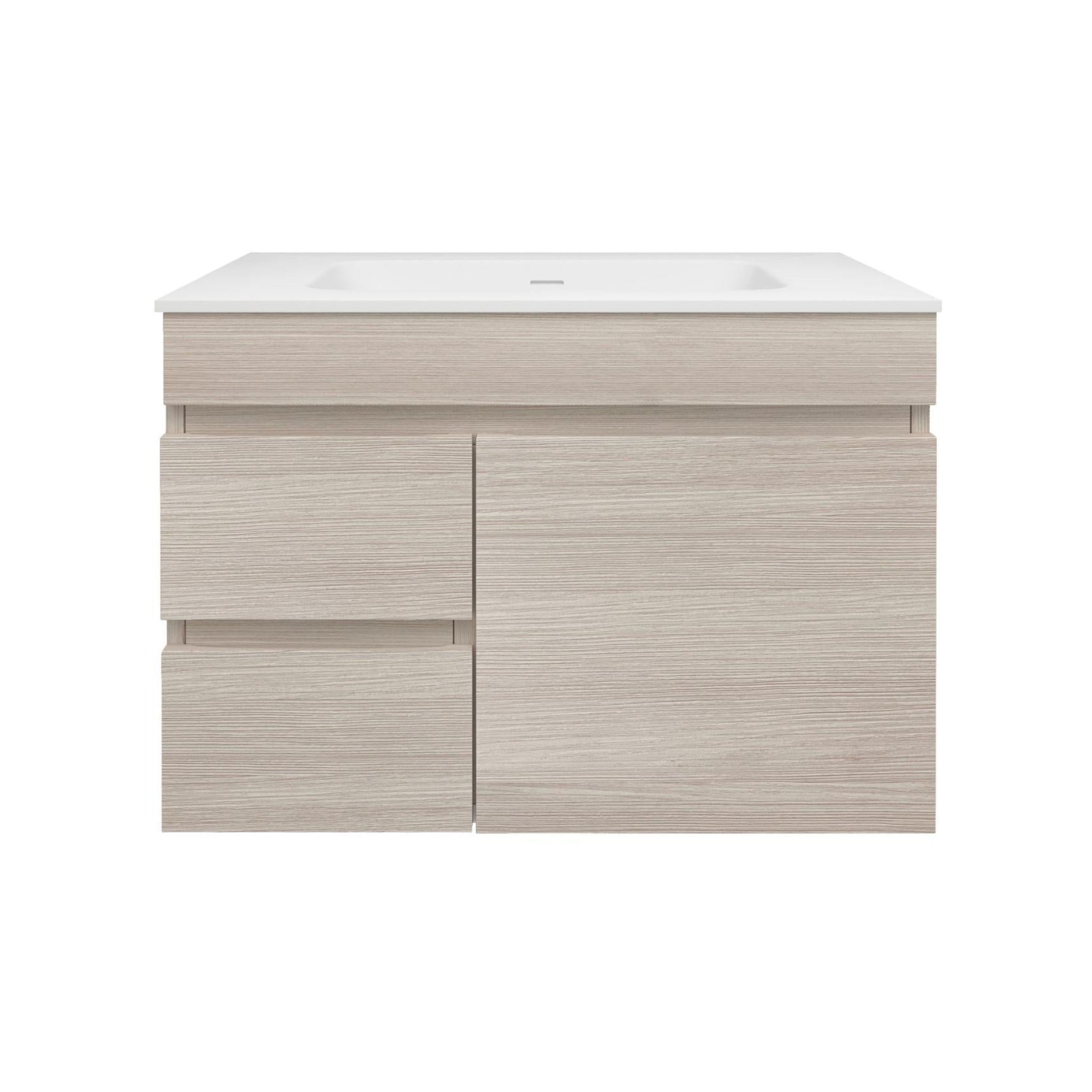 LUKKA CAMDEN ENSUITE COASTAL OAK 750MM SPACE SAVING SINGLE BOWL WALL HUNG VANITY (AVAILABLE IN LEFT AND RIGHT HAND DRAWER)