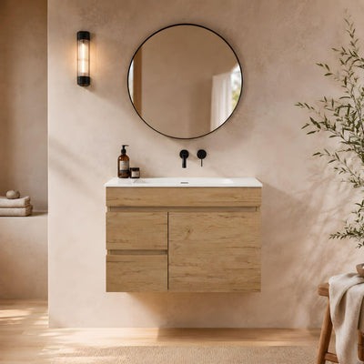 LUKKA CAMDEN ENSUITE PRIME OAK 750MM SPACE SAVING SINGLE BOWL WALL HUNG VANITY (AVAILABLE IN LEFT AND RIGHT HAND DRAWER)