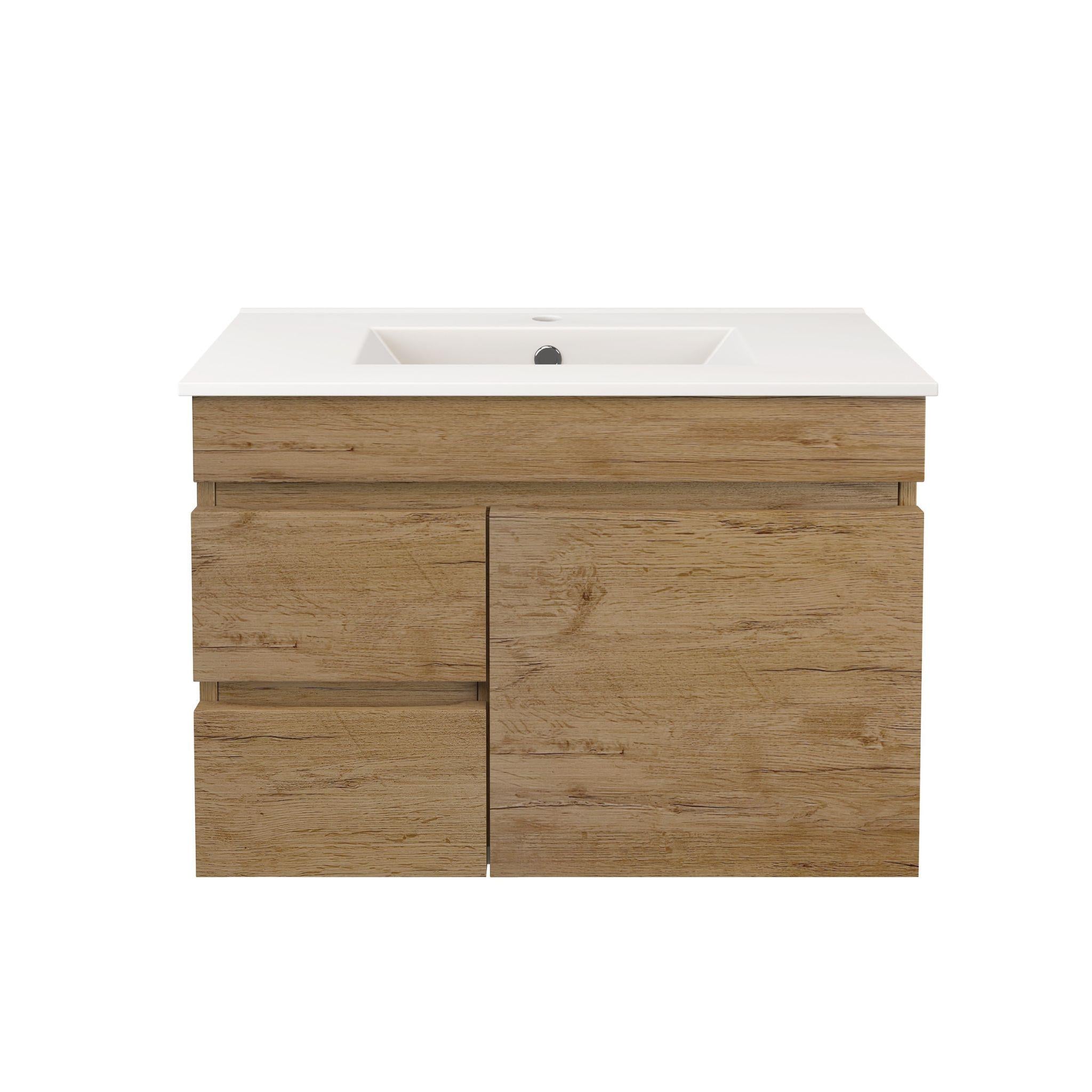 LUKKA CAMDEN ENSUITE PRIME OAK 750MM SPACE SAVING SINGLE BOWL WALL HUNG VANITY (AVAILABLE IN LEFT AND RIGHT HAND DRAWER)