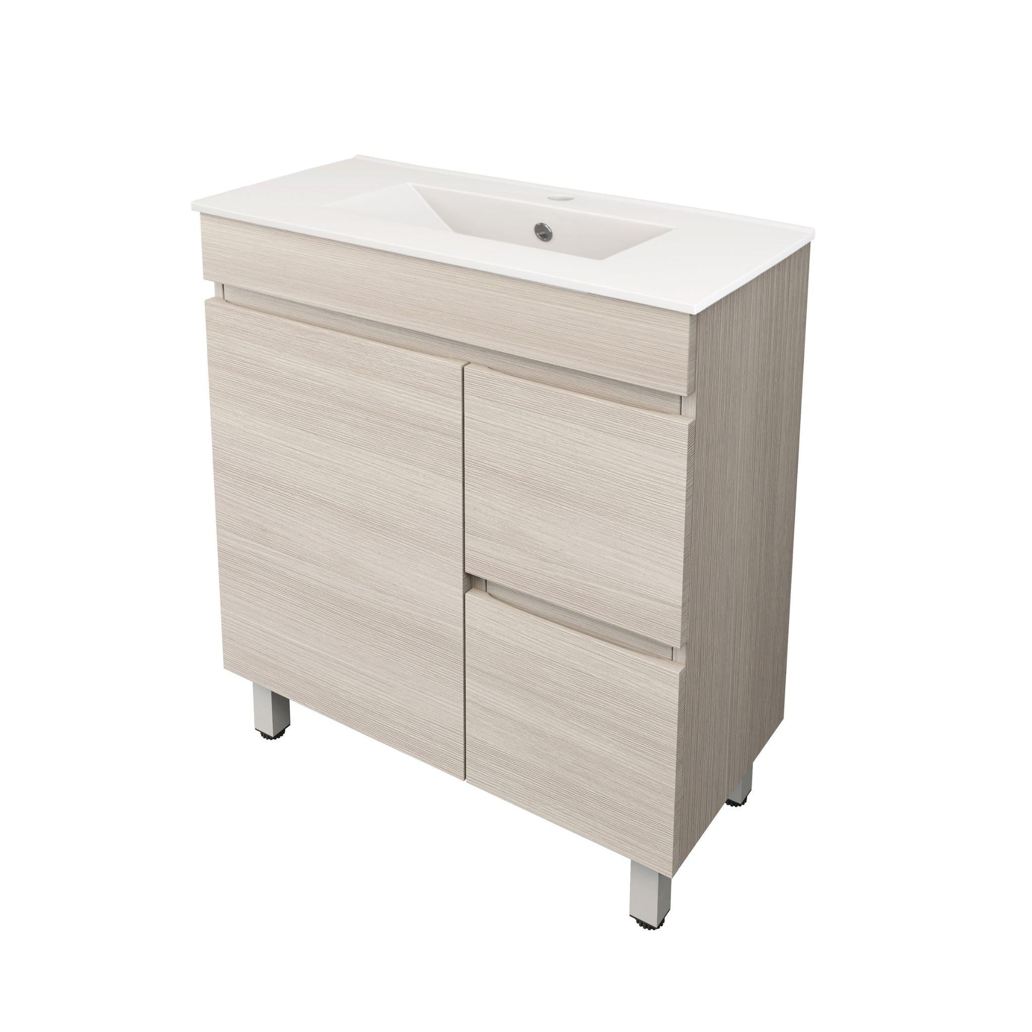 LUKKA CAMDEN ENSUITE COASTAL OAK 750MM SPACE SAVING SINGLE BOWL FLOOR STANDING VANITY (AVAILABLE IN LEFT AND RIGHT HAND DRAWER)