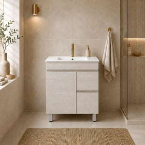 LUKKA CAMDEN ENSUITE COASTAL OAK 750MM SPACE SAVING SINGLE BOWL FLOOR STANDING VANITY (AVAILABLE IN LEFT AND RIGHT HAND DRAWER)