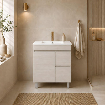 LUKKA CAMDEN ENSUITE COASTAL OAK 750MM SPACE SAVING SINGLE BOWL FLOOR STANDING VANITY (AVAILABLE IN LEFT AND RIGHT HAND DRAWER)