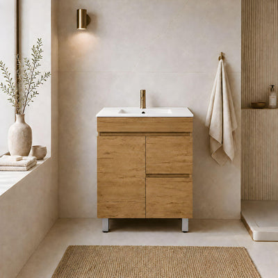 LUKKA CAMDEN ENSUITE PRIME OAK 750MM SPACE SAVING SINGLE BOWL FLOOR STANDING VANITY (AVAILABLE IN LEFT AND RIGHT HAND DRAWER)
