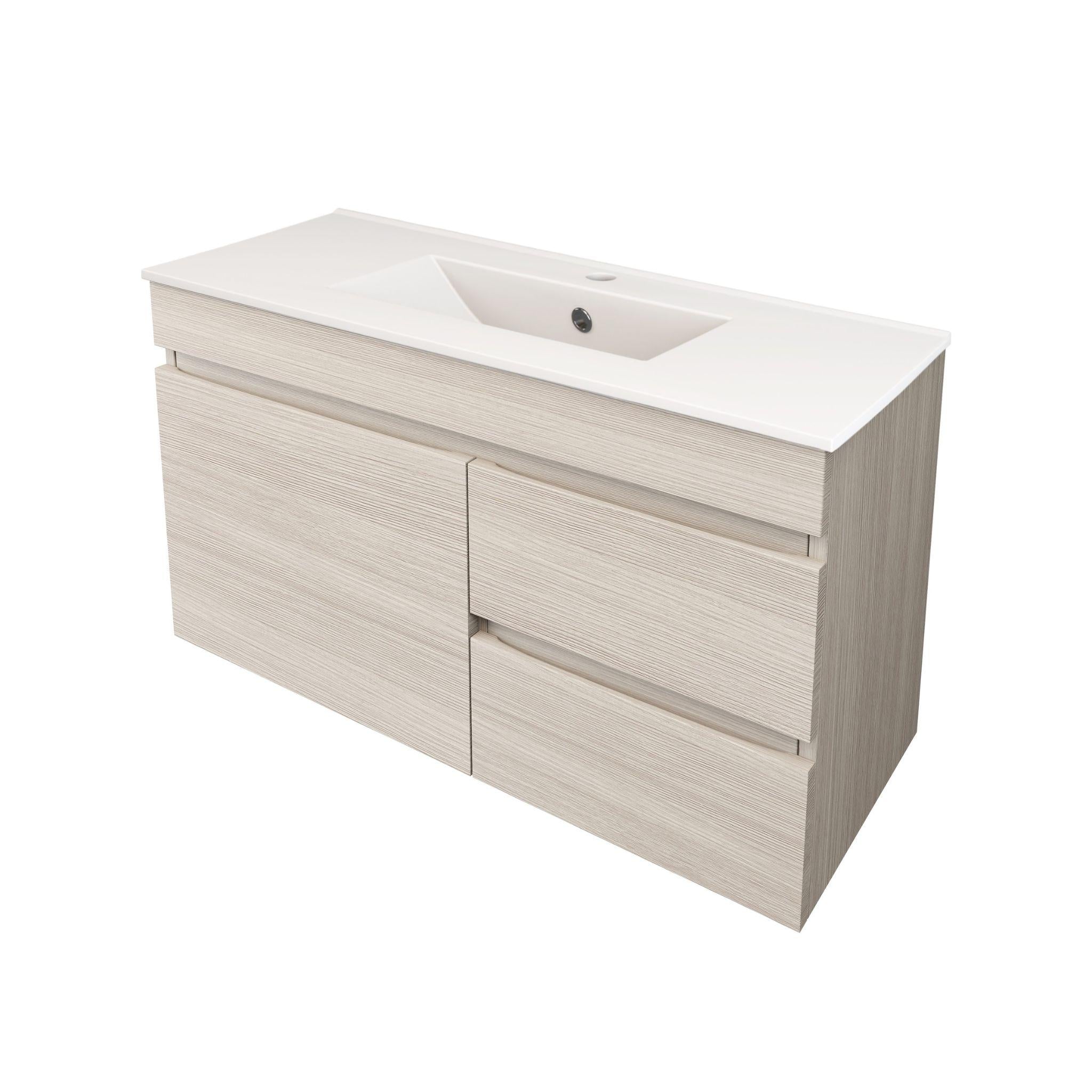 LUKKA CAMDEN ENSUITE COASTAL OAK 750MM SPACE SAVING SINGLE BOWL WALL HUNG VANITY (AVAILABLE IN LEFT AND RIGHT HAND DRAWER)