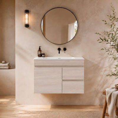 LUKKA CAMDEN ENSUITE COASTAL OAK 750MM SPACE SAVING SINGLE BOWL WALL HUNG VANITY (AVAILABLE IN LEFT AND RIGHT HAND DRAWER)