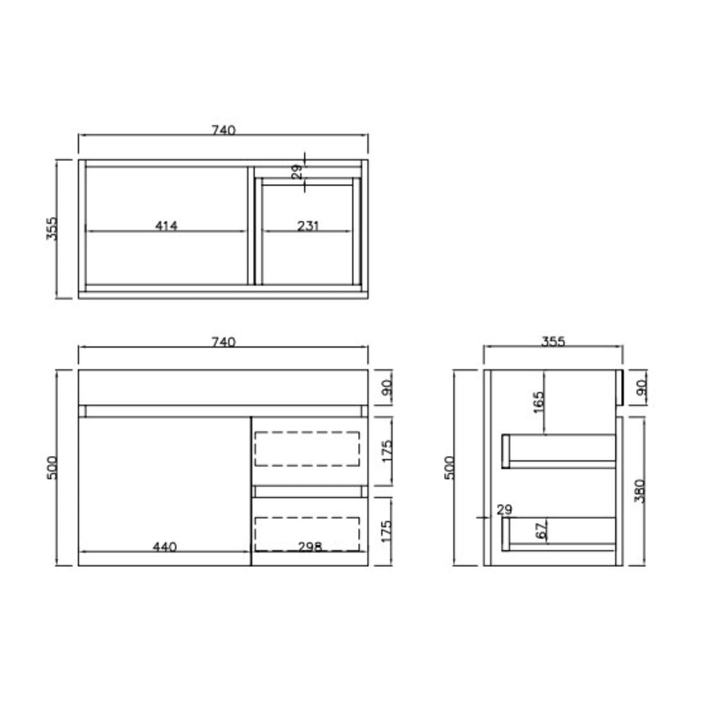 LUKKA CAMDEN ENSUITE COASTAL OAK 750MM SPACE SAVING SINGLE BOWL WALL HUNG VANITY (AVAILABLE IN LEFT AND RIGHT HAND DRAWER)