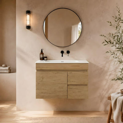 LUKKA CAMDEN ENSUITE PRIME OAK 750MM SPACE SAVING SINGLE BOWL WALL HUNG VANITY (AVAILABLE IN LEFT AND RIGHT HAND DRAWER)