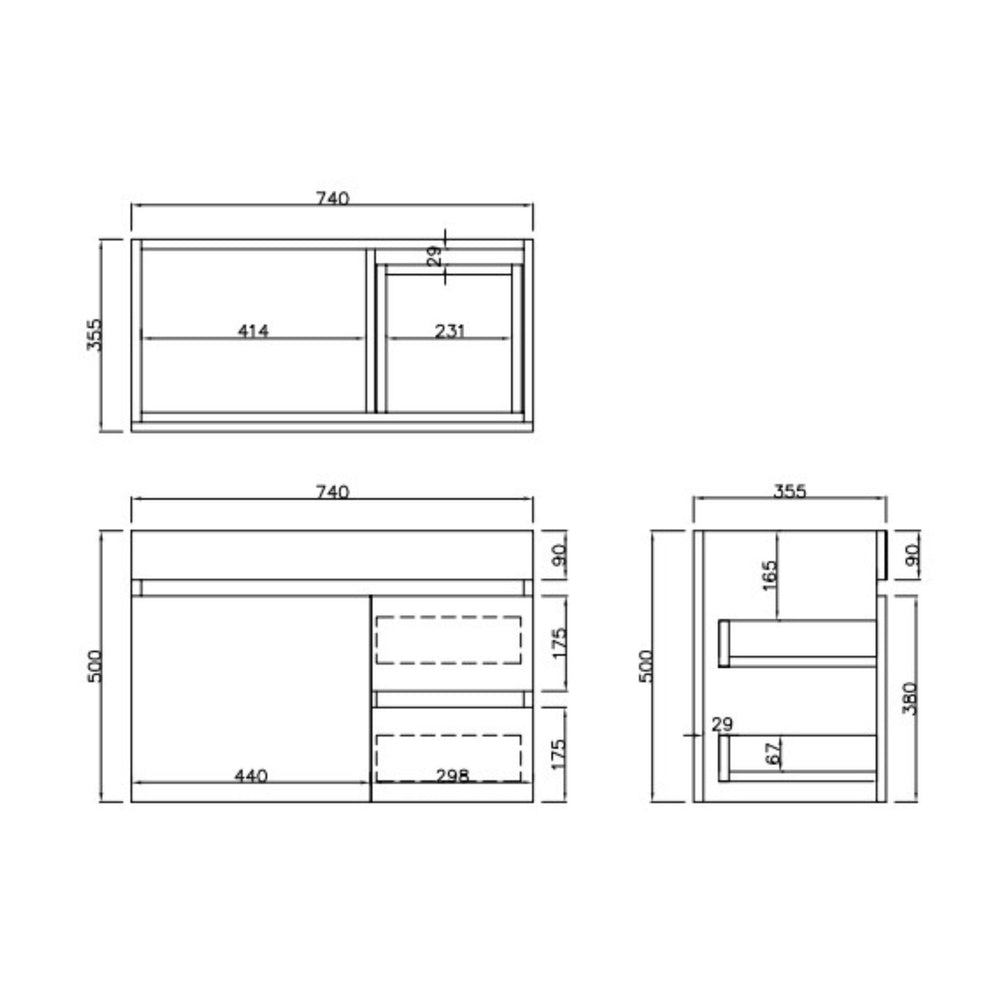 LUKKA CAMDEN ENSUITE PRIME OAK 750MM SPACE SAVING SINGLE BOWL WALL HUNG VANITY (AVAILABLE IN LEFT AND RIGHT HAND DRAWER)