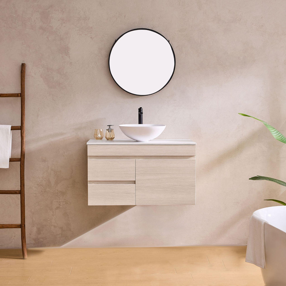 LUKKA CAMDEN MODERN COASTAL OAK 750MM SINGLE BOWL WALL HUNG VANITY (AVAILABLE IN LEFT AND RIGHT HAND DRAWER)