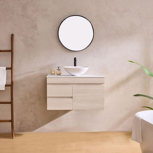 LUKKA CAMDEN MODERN COASTAL OAK 750MM SINGLE BOWL WALL HUNG VANITY (AVAILABLE IN LEFT AND RIGHT HAND DRAWER)