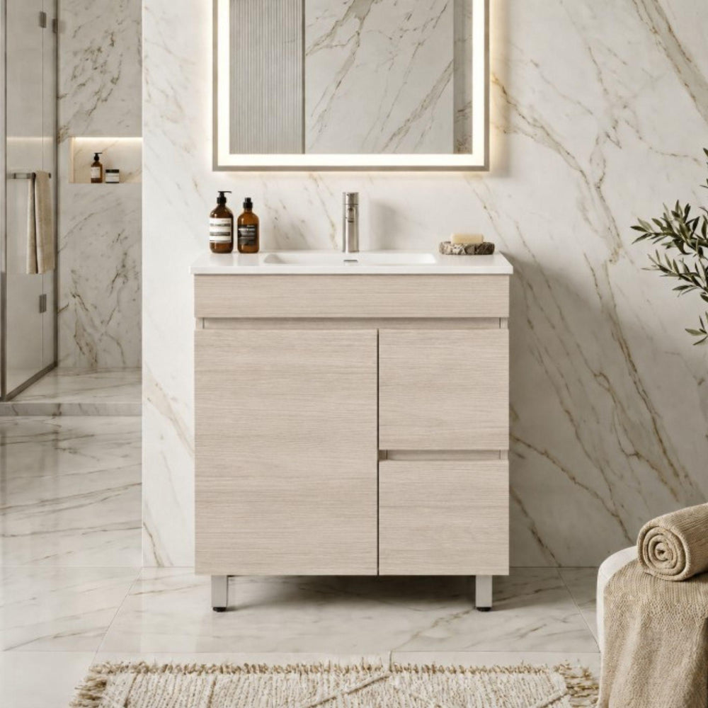 LUKKA CAMDEN MODERN COASTAL OAK 750MM SINGLE BOWL FLOOR STANDING VANITY (AVAILABLE IN LEFT AND RIGHT HAND DRAWER)