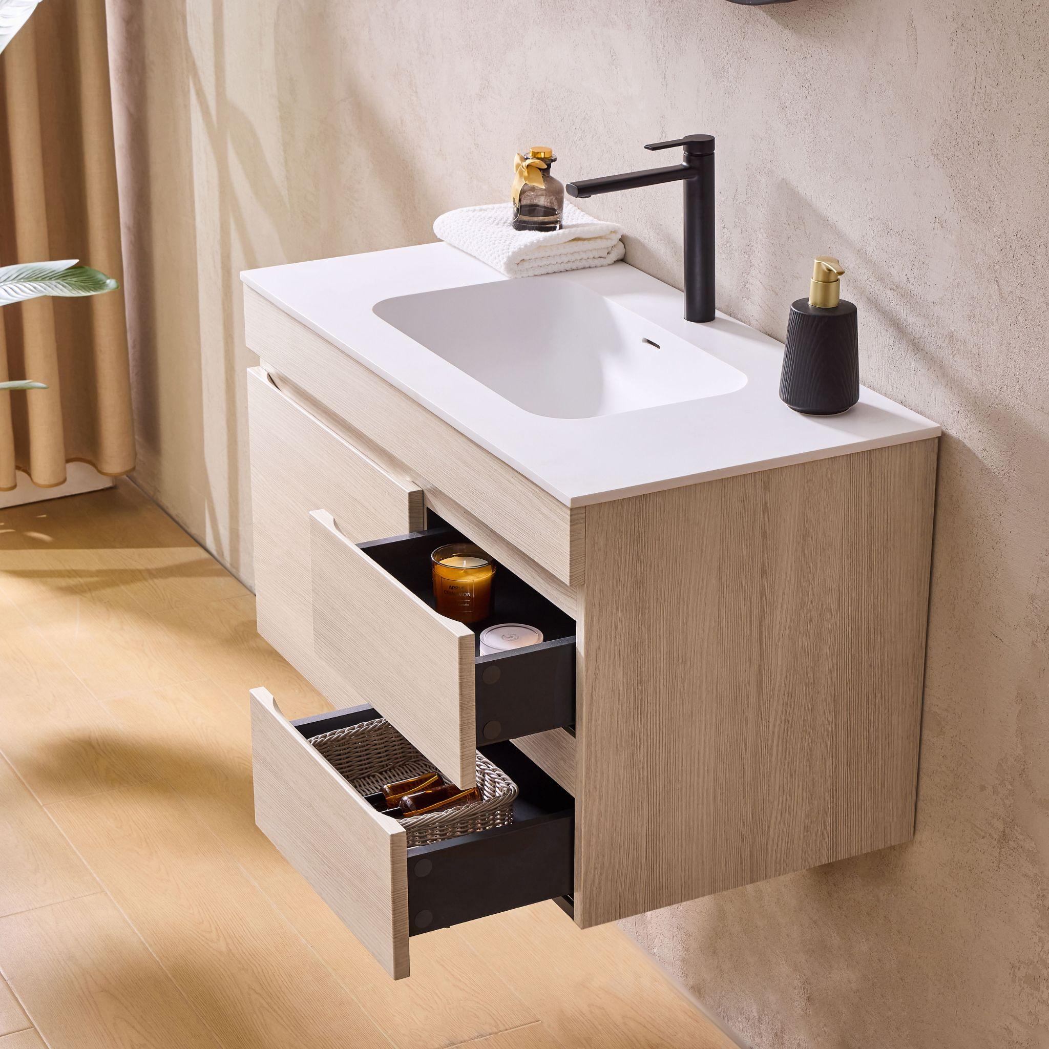 LUKKA CAMDEN MODERN COASTAL OAK 750MM SINGLE BOWL WALL HUNG VANITY (AVAILABLE IN LEFT AND RIGHT HAND DRAWER)
