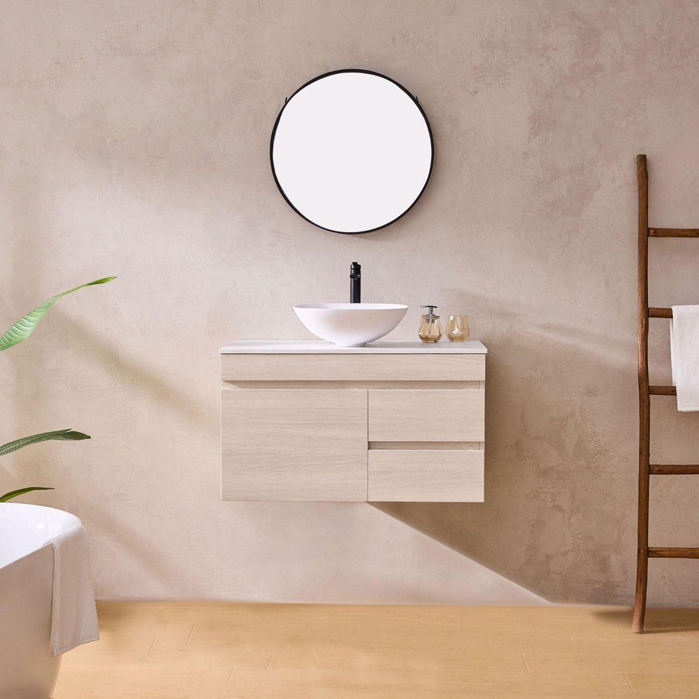 LUKKA CAMDEN MODERN COASTAL OAK 750MM SINGLE BOWL WALL HUNG VANITY (AVAILABLE IN LEFT AND RIGHT HAND DRAWER)