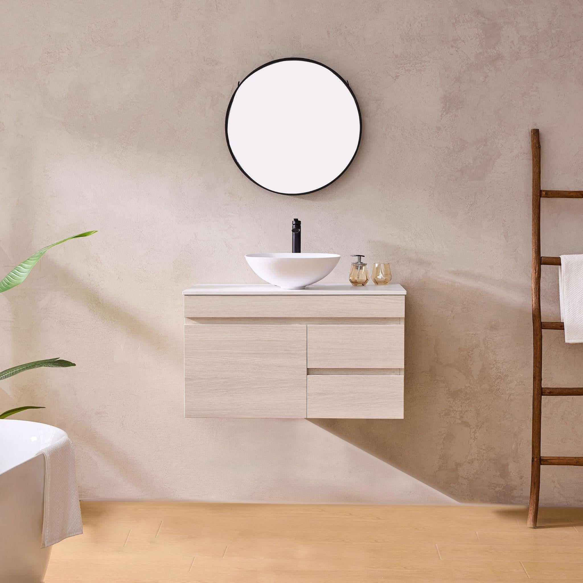 LUKKA CAMDEN MODERN COASTAL OAK 750MM SINGLE BOWL WALL HUNG VANITY (AVAILABLE IN LEFT AND RIGHT HAND DRAWER)
