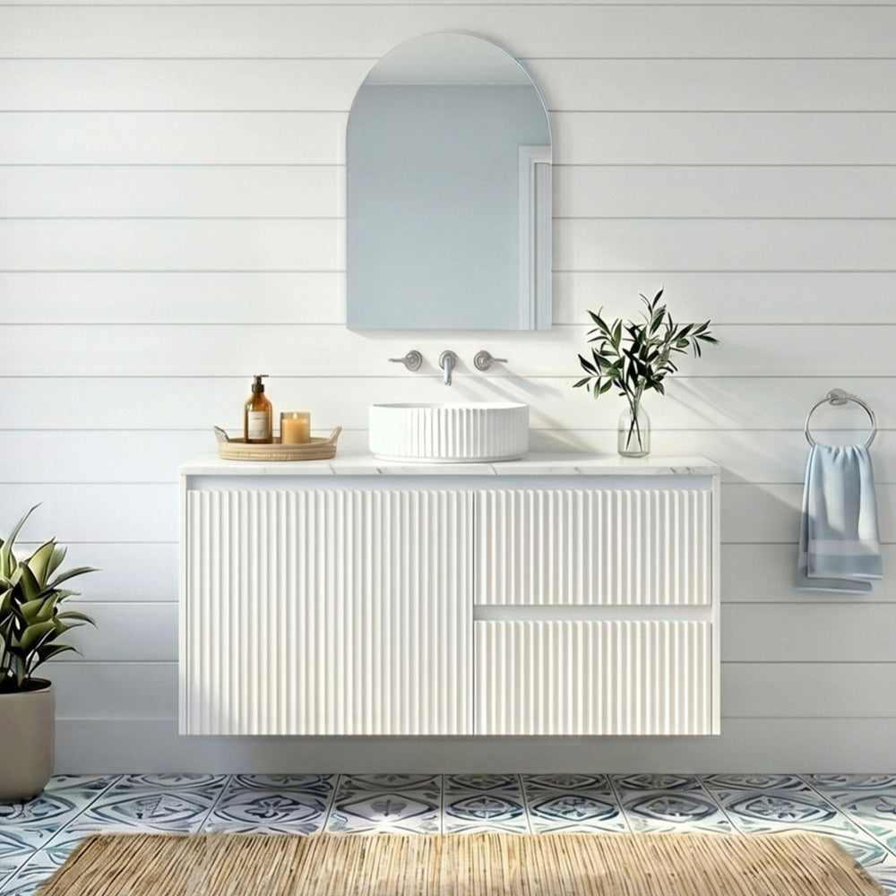 LUKKA CRETE MODERN MATTE WHITE 750MM SINGLE BOWL WALL HUNG VANITY (AVAILABLE IN LEFT AND RIGHT HAND DRAWER)