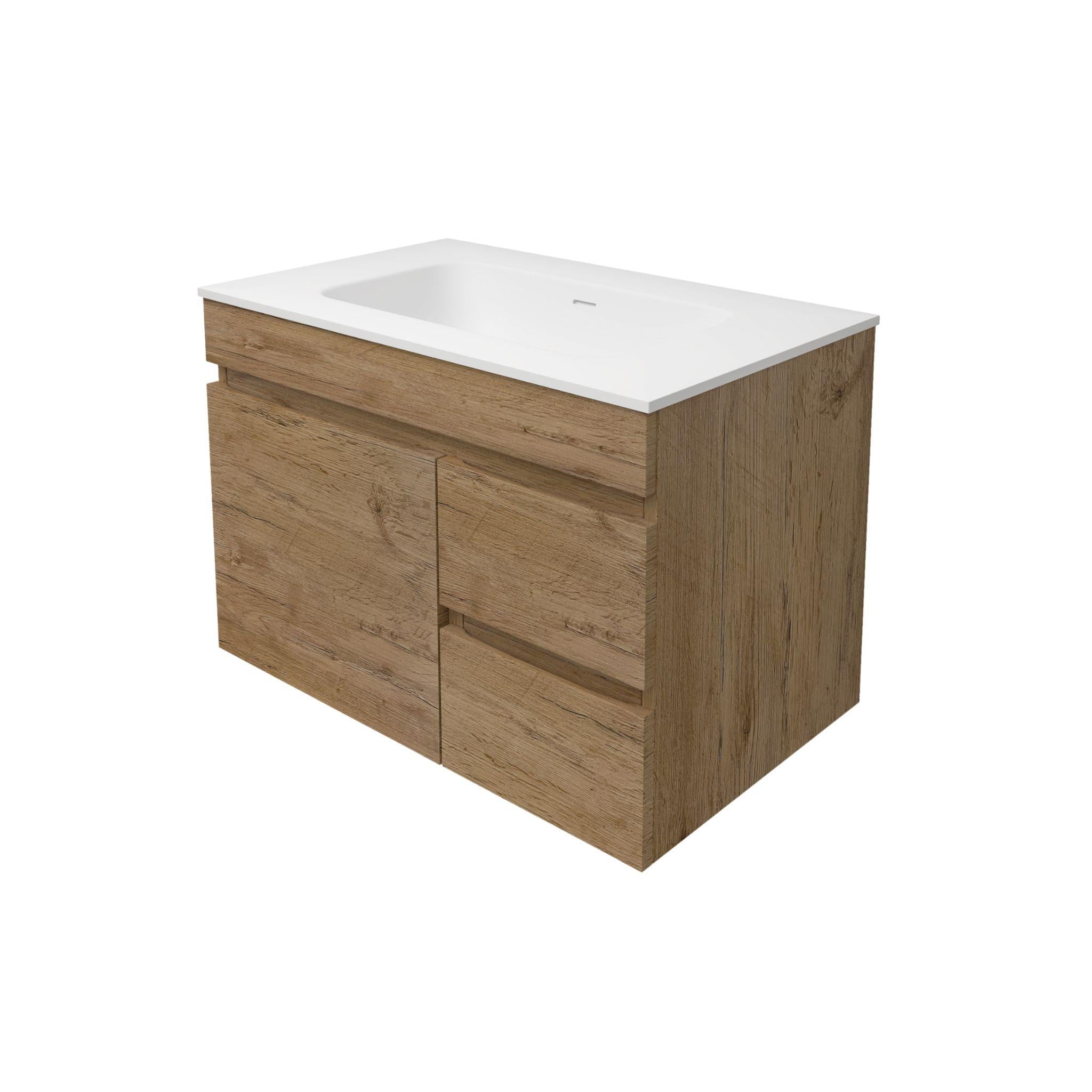 LUKKA CAMDEN MODERN PRIME OAK 750MM SINGLE BOWL WALL HUNG VANITY (AVAILABLE IN LEFT AND RIGHT HAND DRAWER)