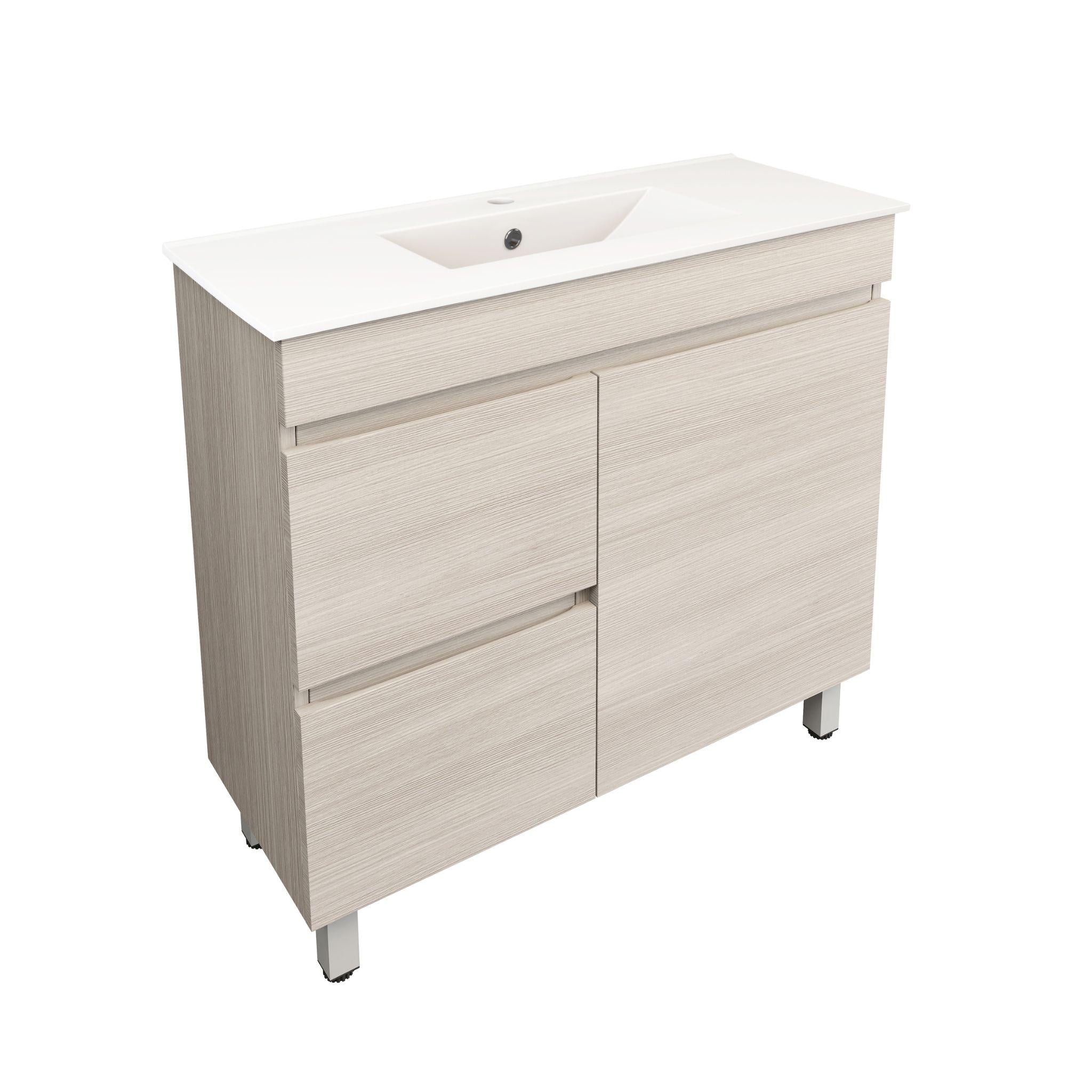 LUKKA CAMDEN ENSUITE COASTAL OAK 900MM SPACE SAVING SINGLE BOWL FLOOR STANDING VANITY (AVAILABLE IN LEFT AND RIGHT HAND DRAWER)