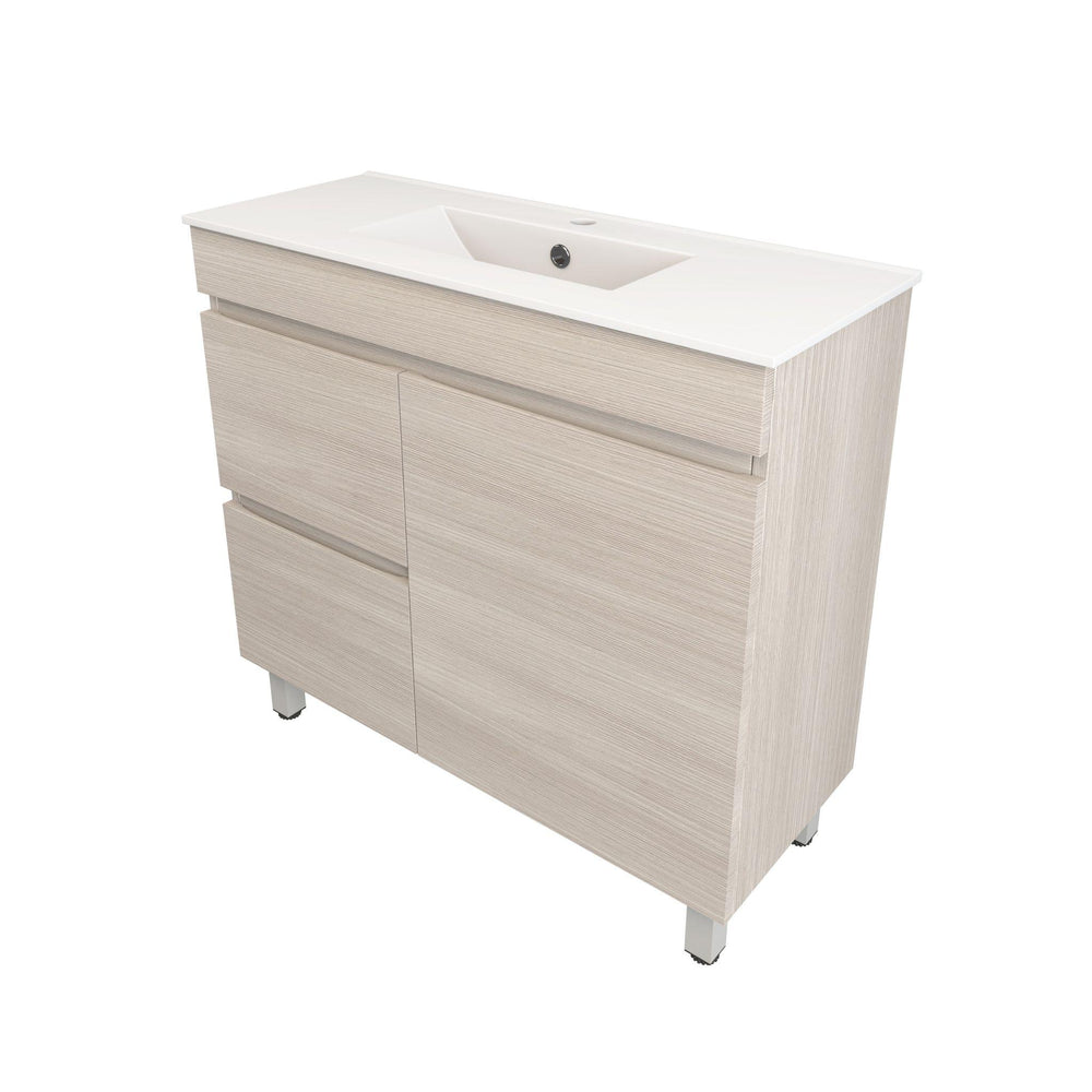 LUKKA CAMDEN ENSUITE COASTAL OAK 900MM SPACE SAVING SINGLE BOWL FLOOR STANDING VANITY (AVAILABLE IN LEFT AND RIGHT HAND DRAWER)