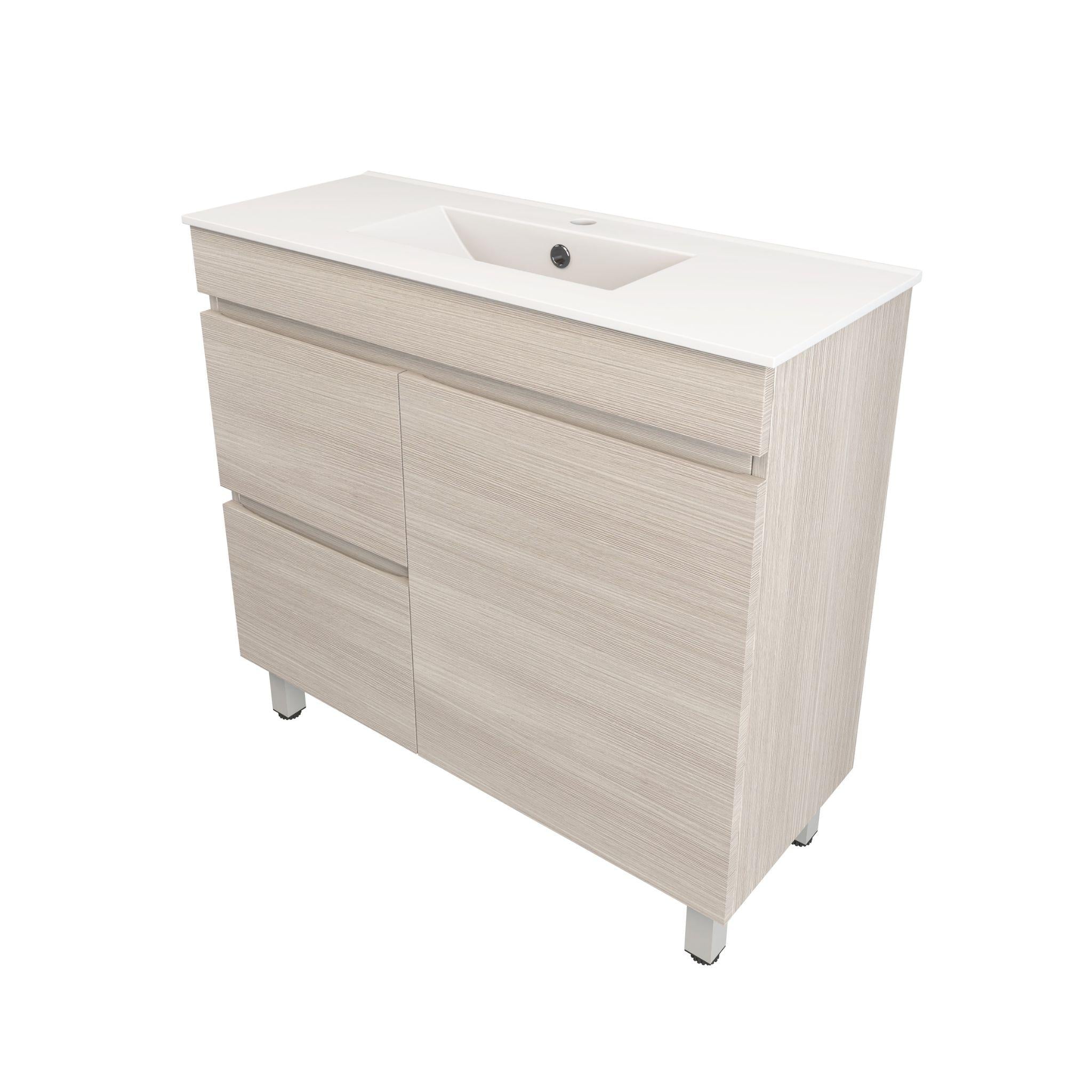 LUKKA CAMDEN ENSUITE COASTAL OAK 900MM SPACE SAVING SINGLE BOWL FLOOR STANDING VANITY (AVAILABLE IN LEFT AND RIGHT HAND DRAWER)