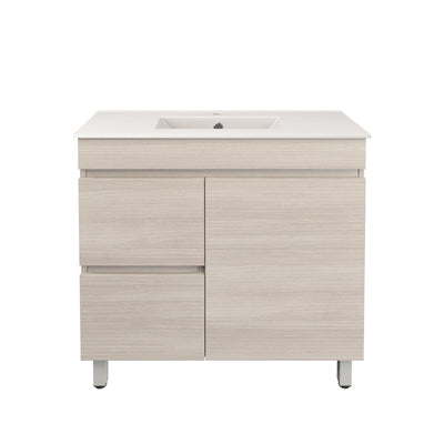 LUKKA CAMDEN ENSUITE COASTAL OAK 900MM SPACE SAVING SINGLE BOWL FLOOR STANDING VANITY (AVAILABLE IN LEFT AND RIGHT HAND DRAWER)