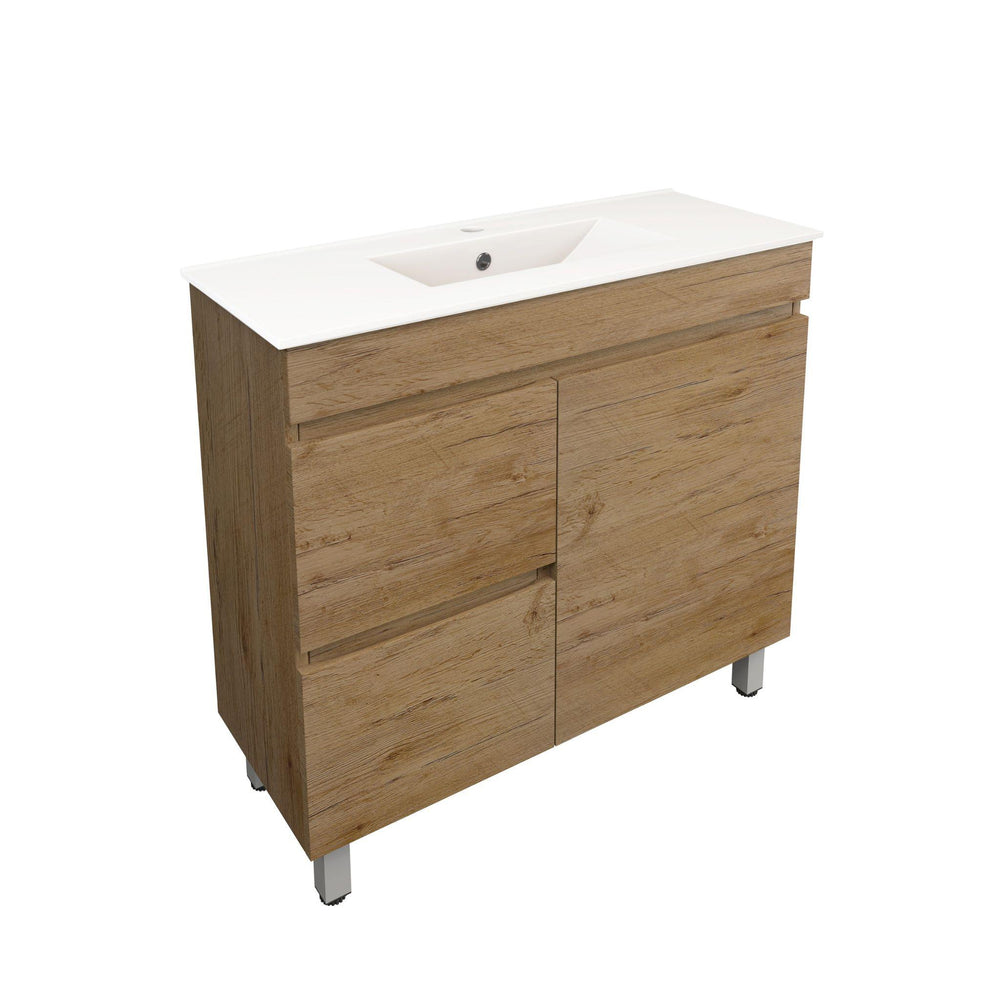LUKKA CAMDEN ENSUITE PRIME OAK 900MM SPACE SAVING SINGLE BOWL FLOOR STANDING VANITY (AVAILABLE IN LEFT AND RIGHT HAND DRAWER)