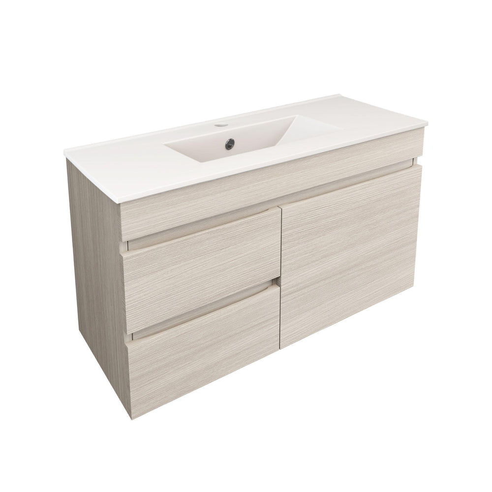 LUKKA CAMDEN ENSUITE COASTAL OAK 900MM SPACE SAVING SINGLE BOWL WALL HUNG VANITY (AVAILABLE IN LEFT AND RIGHT HAND DRAWER)