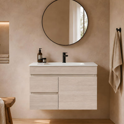 LUKKA CAMDEN ENSUITE COASTAL OAK 900MM SPACE SAVING SINGLE BOWL WALL HUNG VANITY (AVAILABLE IN LEFT AND RIGHT HAND DRAWER)