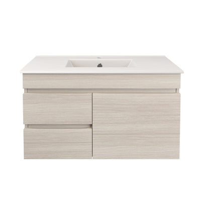 LUKKA CAMDEN ENSUITE COASTAL OAK 900MM SPACE SAVING SINGLE BOWL WALL HUNG VANITY (AVAILABLE IN LEFT AND RIGHT HAND DRAWER)