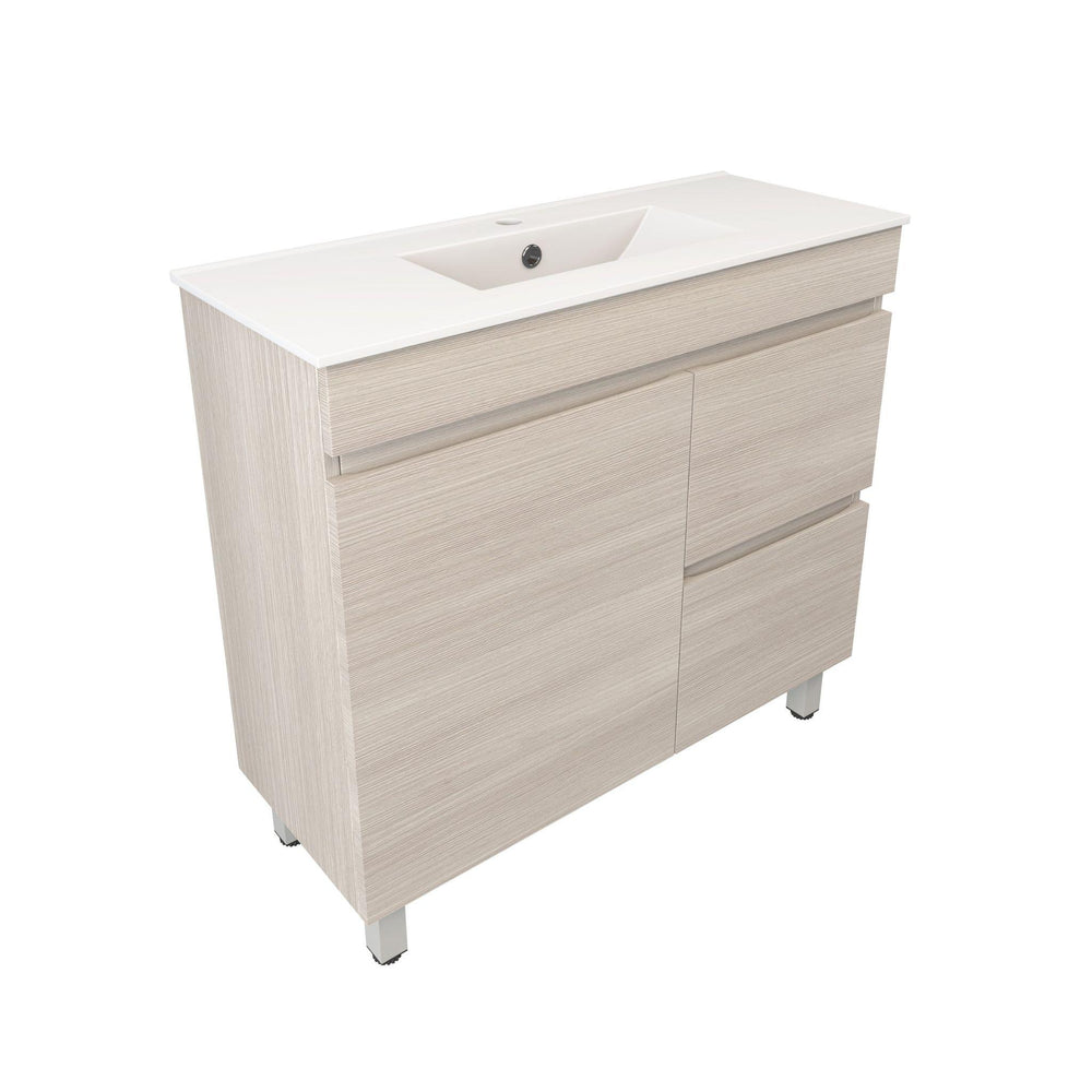 LUKKA CAMDEN ENSUITE COASTAL OAK 900MM SPACE SAVING SINGLE BOWL FLOOR STANDING VANITY (AVAILABLE IN LEFT AND RIGHT HAND DRAWER)