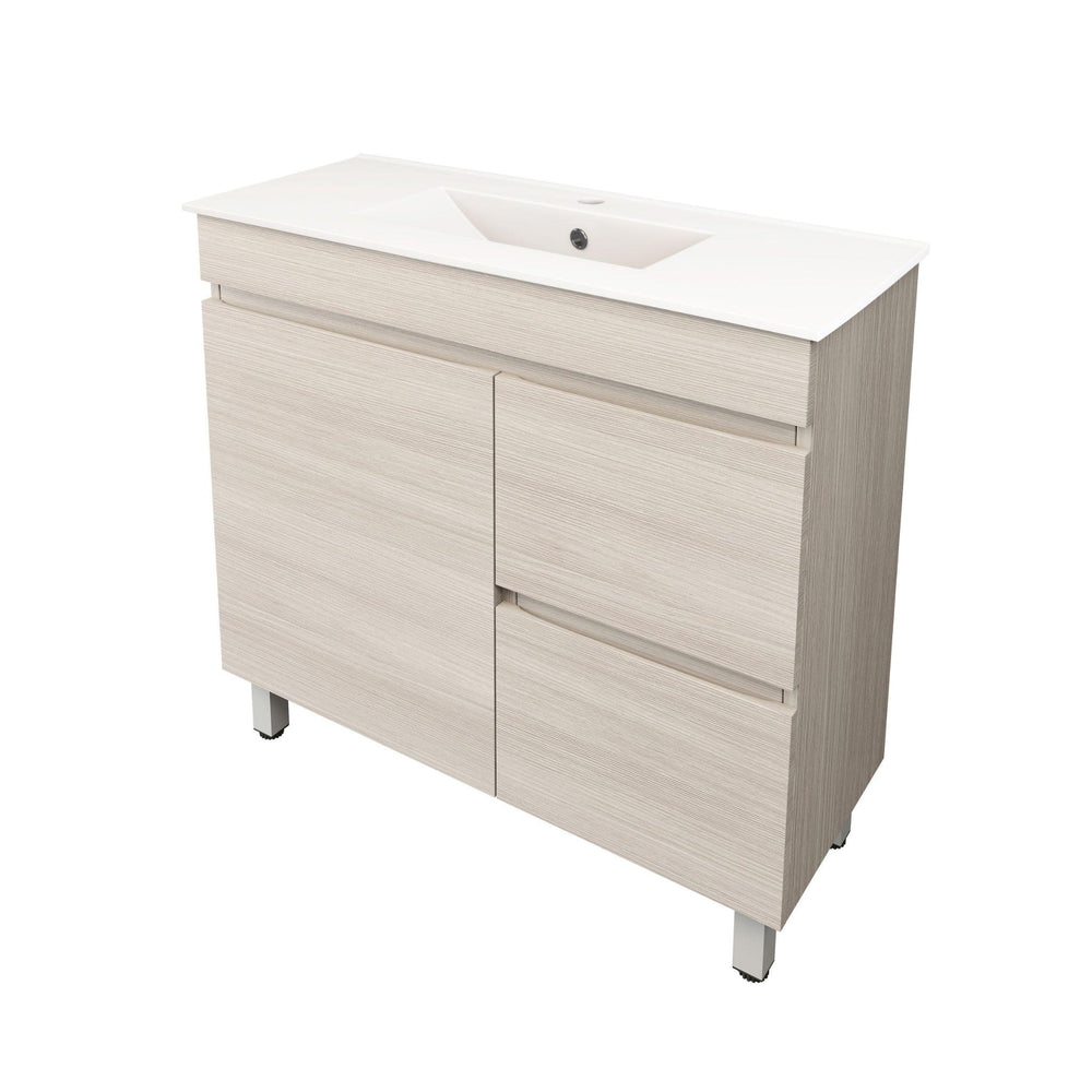 LUKKA CAMDEN ENSUITE COASTAL OAK 900MM SPACE SAVING SINGLE BOWL FLOOR STANDING VANITY (AVAILABLE IN LEFT AND RIGHT HAND DRAWER)