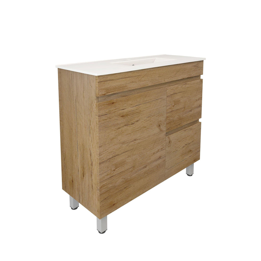 LUKKA CAMDEN ENSUITE PRIME OAK 900MM SPACE SAVING SINGLE BOWL FLOOR STANDING VANITY (AVAILABLE IN LEFT AND RIGHT HAND DRAWER)