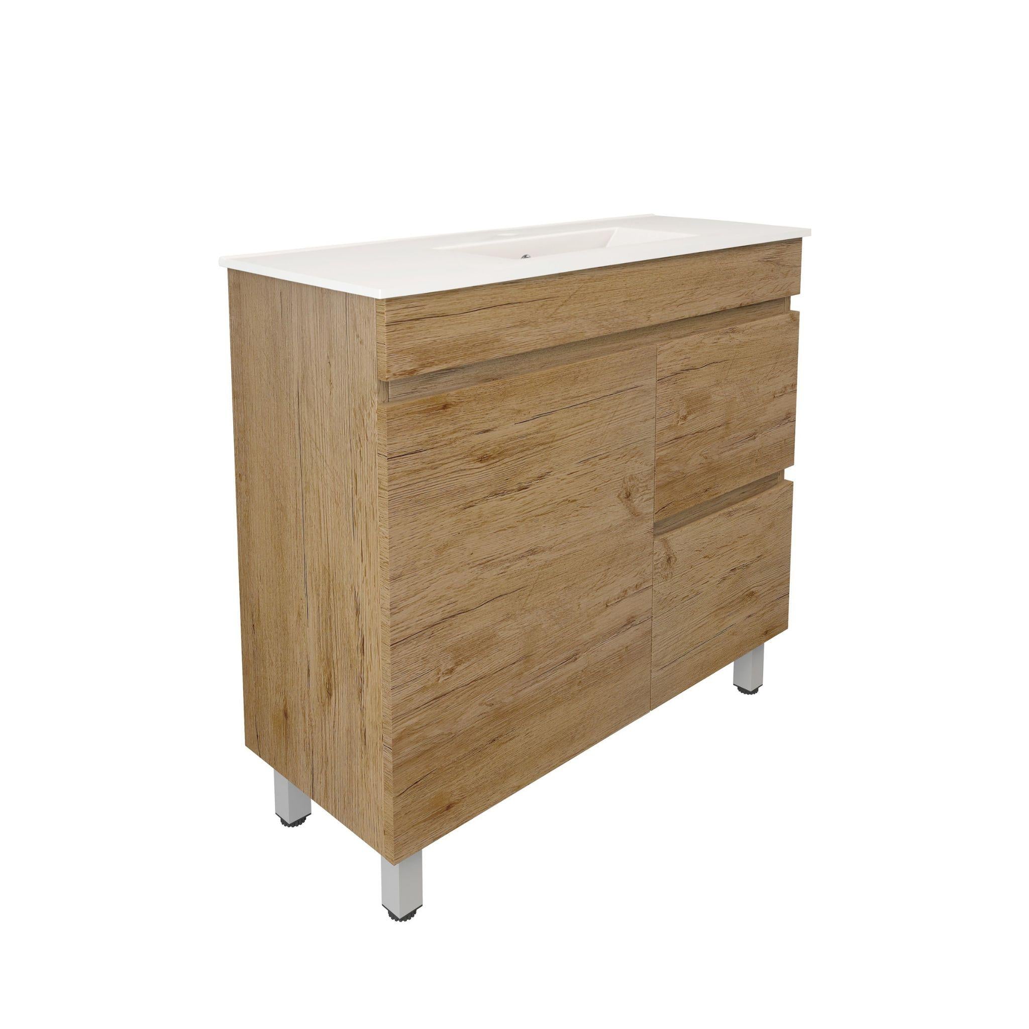 LUKKA CAMDEN ENSUITE PRIME OAK 900MM SPACE SAVING SINGLE BOWL FLOOR STANDING VANITY (AVAILABLE IN LEFT AND RIGHT HAND DRAWER)