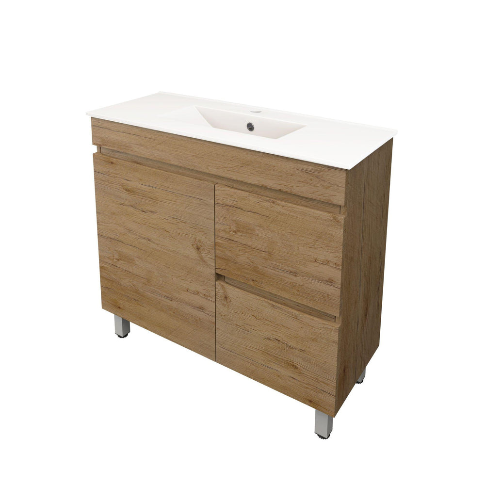 LUKKA CAMDEN ENSUITE PRIME OAK 900MM SPACE SAVING SINGLE BOWL FLOOR STANDING VANITY (AVAILABLE IN LEFT AND RIGHT HAND DRAWER)