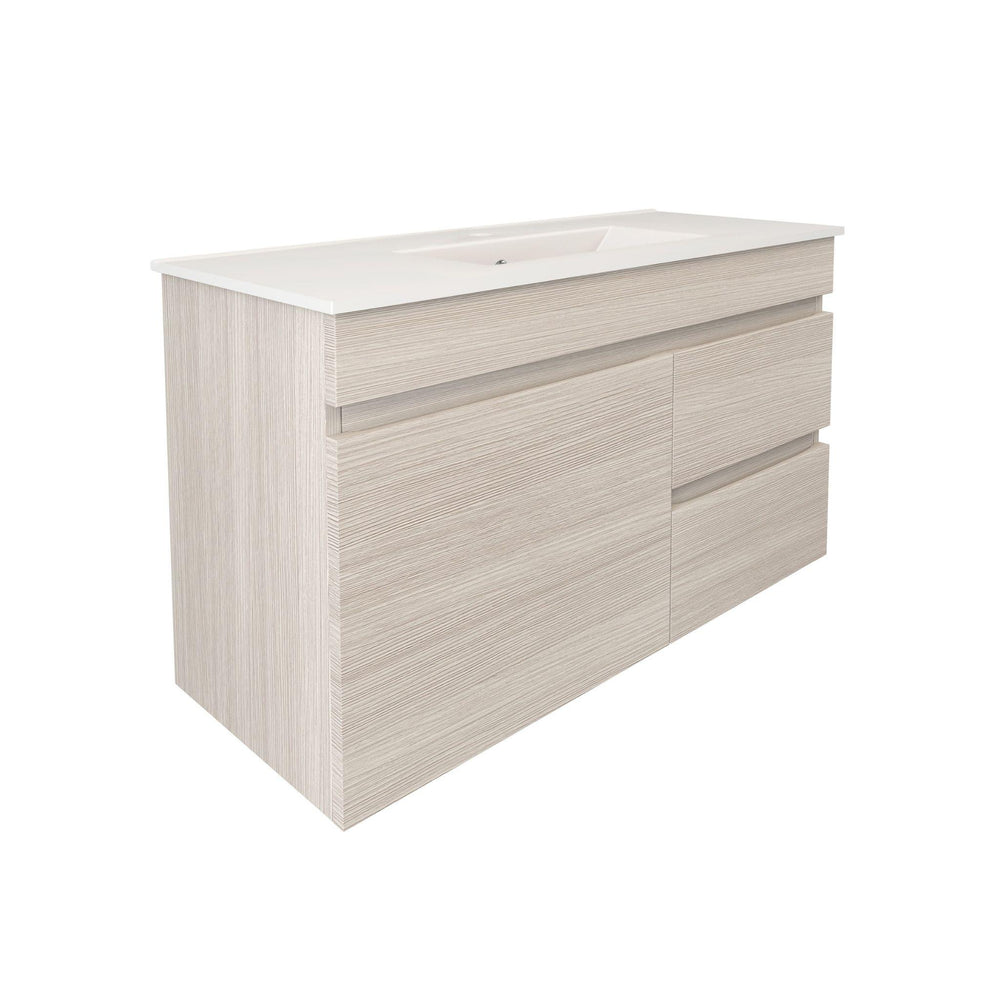 LUKKA CAMDEN ENSUITE COASTAL OAK 900MM SPACE SAVING SINGLE BOWL WALL HUNG VANITY (AVAILABLE IN LEFT AND RIGHT HAND DRAWER)