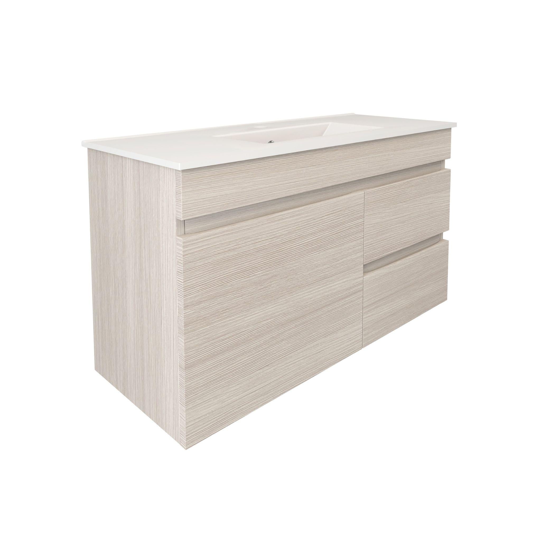 LUKKA CAMDEN ENSUITE COASTAL OAK 900MM SPACE SAVING SINGLE BOWL WALL HUNG VANITY (AVAILABLE IN LEFT AND RIGHT HAND DRAWER)