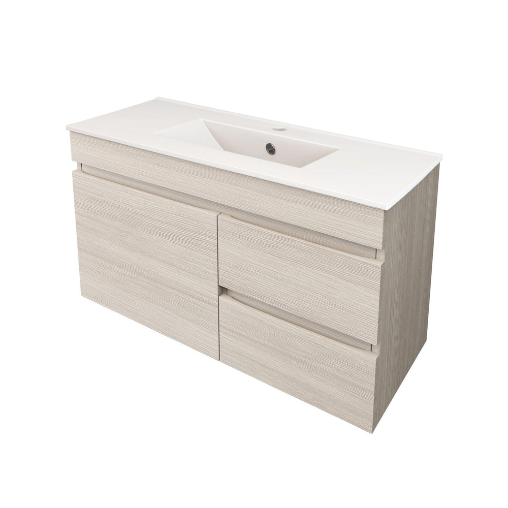 LUKKA CAMDEN ENSUITE COASTAL OAK 900MM SPACE SAVING SINGLE BOWL WALL HUNG VANITY (AVAILABLE IN LEFT AND RIGHT HAND DRAWER)