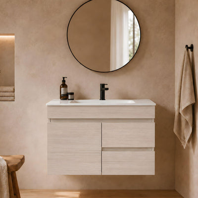 LUKKA CAMDEN ENSUITE COASTAL OAK 900MM SPACE SAVING SINGLE BOWL WALL HUNG VANITY (AVAILABLE IN LEFT AND RIGHT HAND DRAWER)