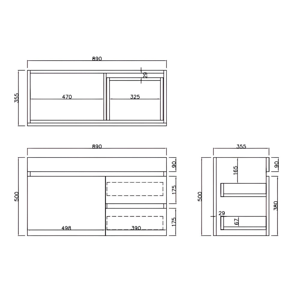 LUKKA CAMDEN ENSUITE COASTAL OAK 900MM SPACE SAVING SINGLE BOWL WALL HUNG VANITY (AVAILABLE IN LEFT AND RIGHT HAND DRAWER)