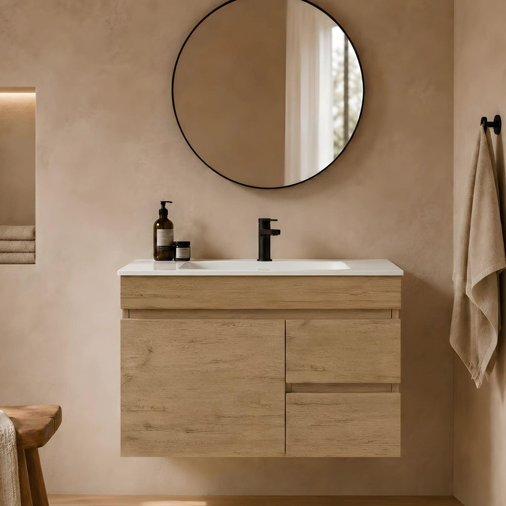 LUKKA CAMDEN ENSUITE PRIME OAK 900MM SPACE SAVING SINGLE BOWL WALL HUNG VANITY (AVAILABLE IN LEFT AND RIGHT HAND DRAWER)