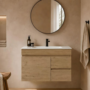 LUKKA CAMDEN ENSUITE PRIME OAK 900MM SPACE SAVING SINGLE BOWL WALL HUNG VANITY (AVAILABLE IN LEFT AND RIGHT HAND DRAWER)