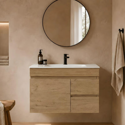 LUKKA CAMDEN ENSUITE PRIME OAK 900MM SPACE SAVING SINGLE BOWL WALL HUNG VANITY (AVAILABLE IN LEFT AND RIGHT HAND DRAWER)